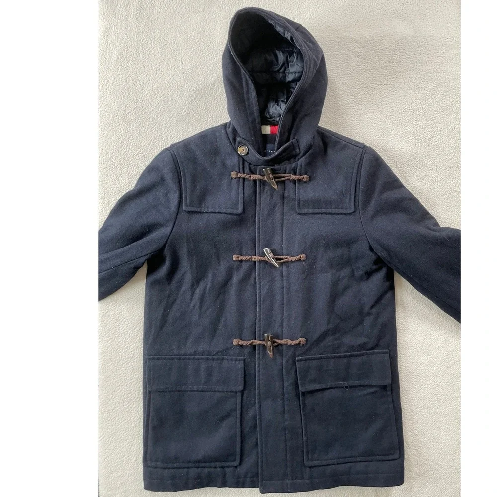 Tommy Hilfiger Duffle‎ Coat Mens Small Navy Blue Wool Blend Toggle Hooded Jacket